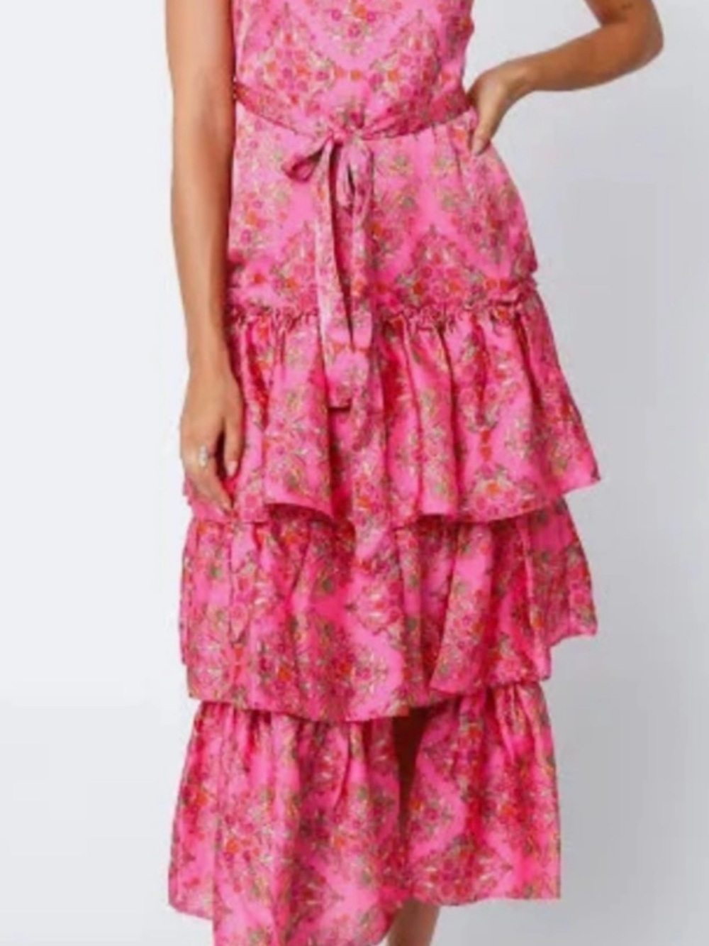 Olivaceous Pink Floral Tiered Midi Dress - Picture 3 of 8